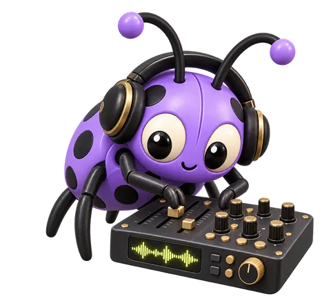 Crawler, the purple bug mascot, wearing headphones and working at an audio mixing desk