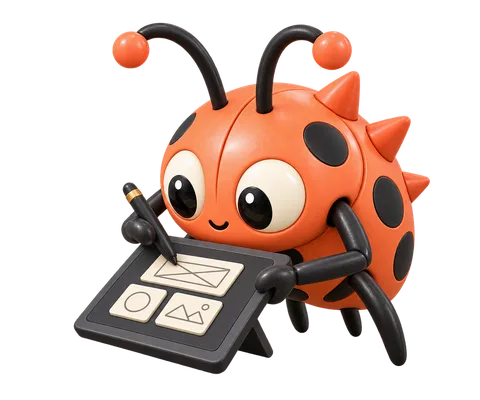 Critical, the coral bug mascot, sketching a digital interface