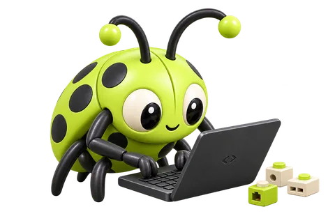 Glitch, the lime bug mascot, connecting software components at a laptop