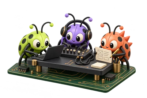 Glitch, Crawler and Critical, our three bug mascots, building software, mixing sound and sketching an interface together