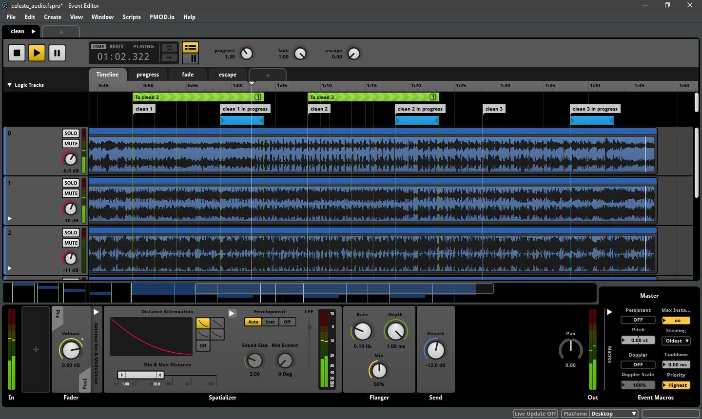 FMOD Studio event editor with game audio tracks, markers and spatial effects