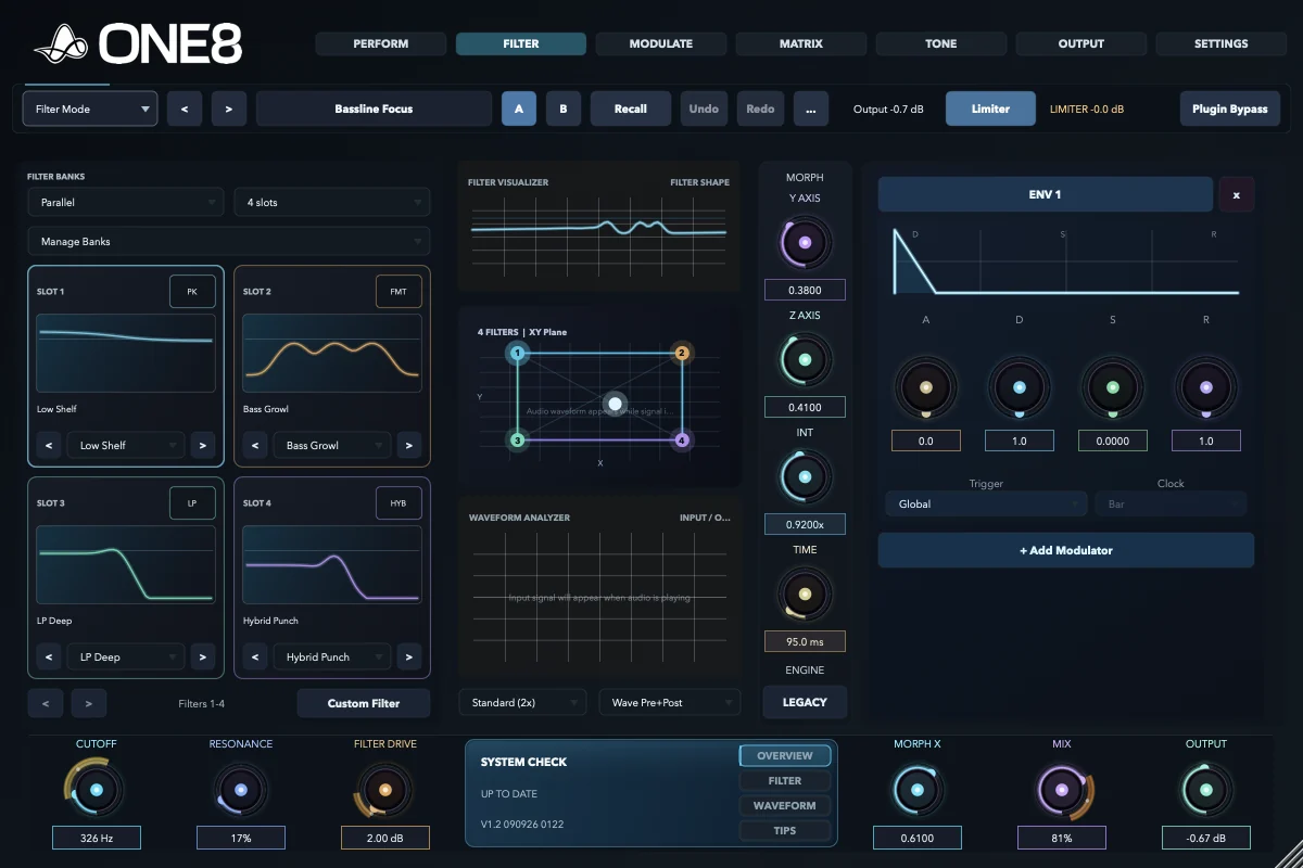 ONE8 audio plugin interface showing filter controls and DSP visualisation