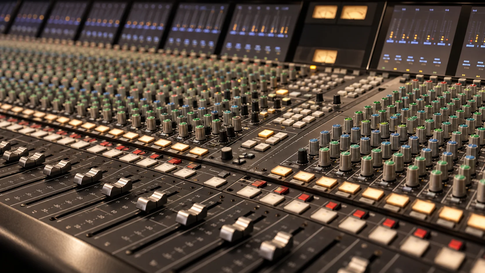 Editorial close-up of a professional SSL audio mixing console